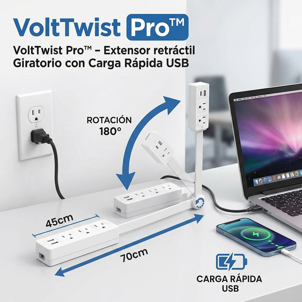 VoltTwist Pro Extensor retractil giratorio con carga rapida USB